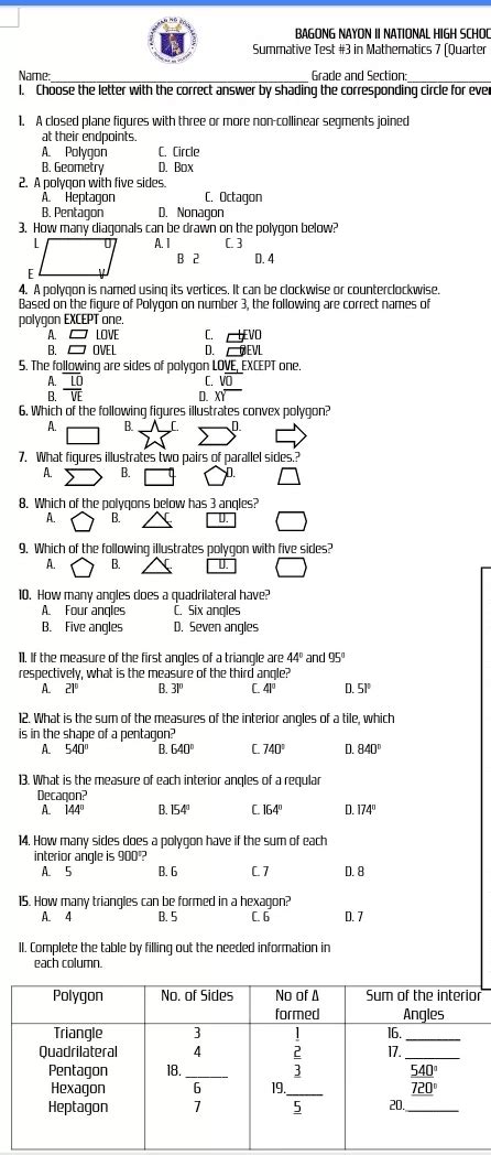 Solved: BAGONG NAYON II NATIONAL HIGH SCHOC Summative Test #3 in Mathematics 7 (Quarter Name ...