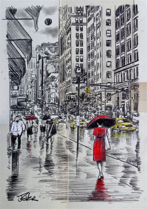 downtown in a red dress Drawing by LOUI JOVER | Saatchi Art