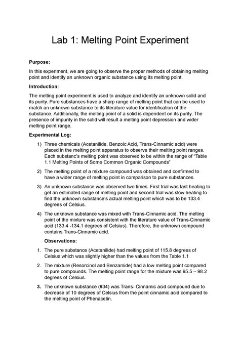 Melting Point Experiment - orgo - Lab 1: Melting Point Experiment ...