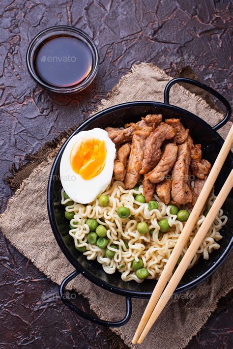 Ramen noodles with meat, vegetables and egg Stock Photo by furmanphoto