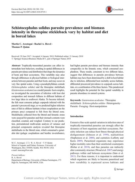 Schistocephalus solidus parasite prevalence and biomass intensity in threespine stickleback vary ...