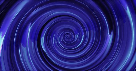 Abstract background with blue swirling funnel or swirl spiral made of bright shiny metal with ...