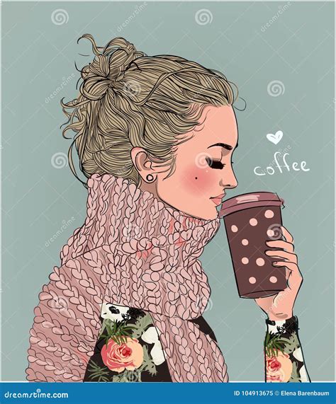 Cute Winter Girl with Coffee Cup Stock Vector - Illustration of girl ...