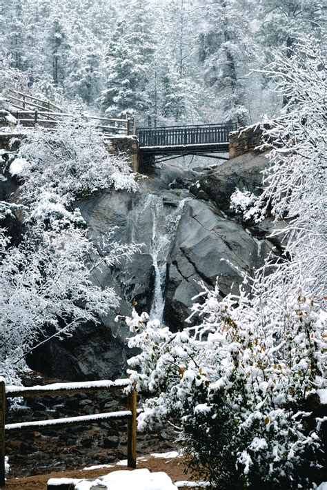 Helen Hunt Falls during the first snow of the season : r/ColoradoSprings