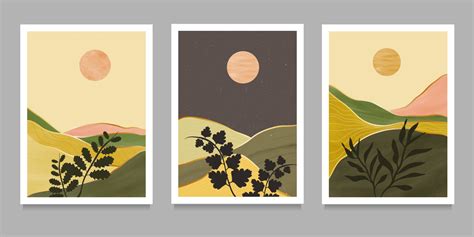 set of creative minimalist hand painted illustrations of Mid century modern. Natural abstract ...