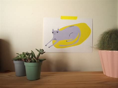 Purple Cat Art Print With Yellow Background - Etsy