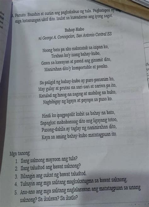 Mga tanong1. Ilang saknong mayroon ang tula?2. Ilang taludtod ang bawat saknong?3. Bilangin ang ...