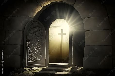 Cave tomb with cross sunlight. Concept resurrection morning. Generation ...