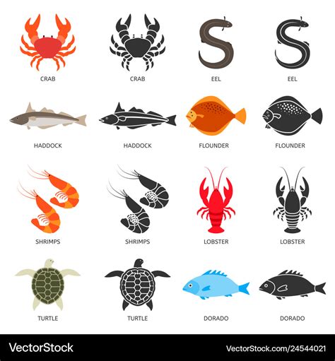 Seafood and fish icons set with two types Vector Image