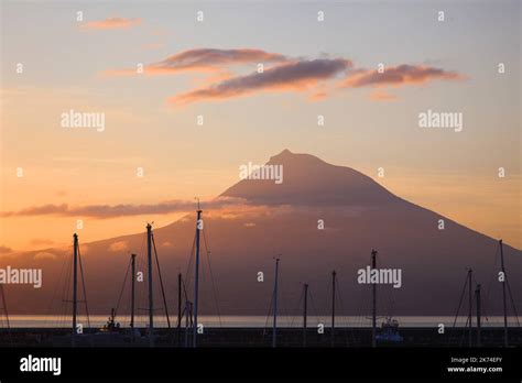 Portugal, Azores, Pico Island, Ponta do Pico volcano, seen from Horta ...