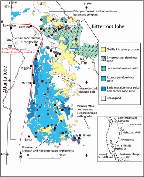 Simplified geological map of the Idaho batholith showing the major... | Download Scientific Diagram