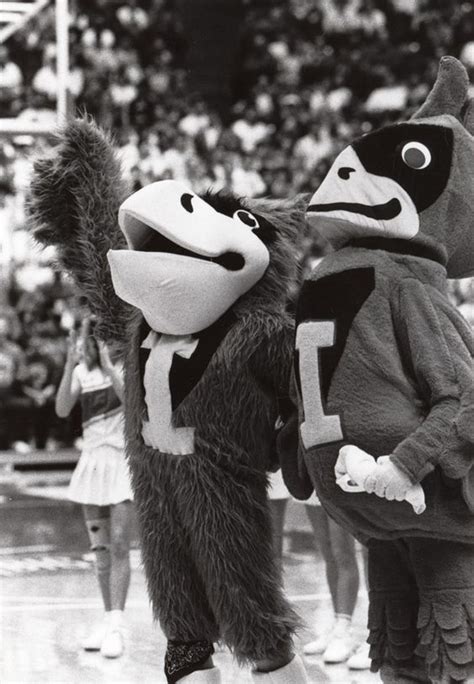 Iowa State Cyclones mascot, Cy the Cardinal, poses with his "offspring", Clone, in 1989. Clone ...