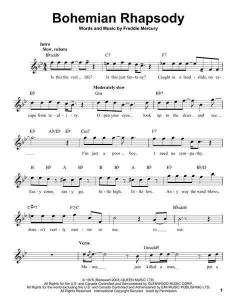 Queen Bohemian Rhapsody Sheet Music (Leadsheet) In Bb Major ...