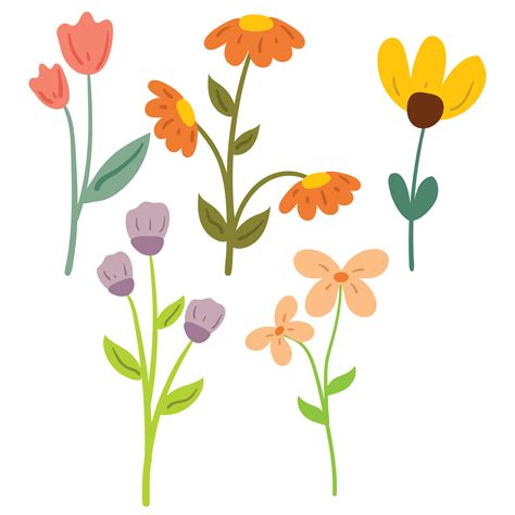 conjunto de pegatinas de flores y hojas de dibujos animados de dibujo a mano 6328130 Vector en ...