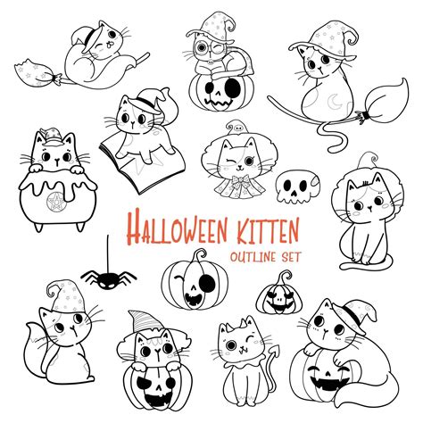 cute Halloween cat cartoon outline doodle set vector colouring page ...