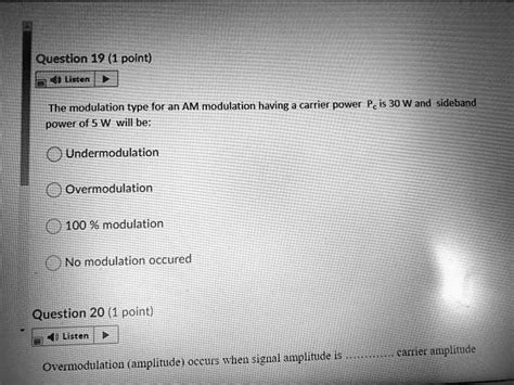 SOLVED: communication system Question19(1 point) Listen The modulation type for an AM modulation ...