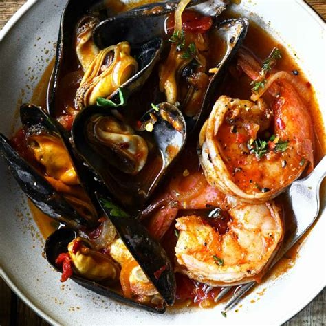 Mussels and Shrimp in Garlic Tomato Sauce - Serving Dumplings