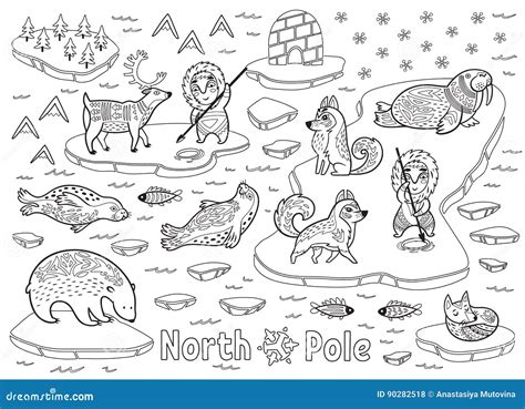 Outline North Pole Animals, Eskimos and Yurt Stock Vector - Illustration of cartoon, animal ...