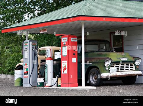 North America, USA, Washington. Replica of old Texaco station near St ...