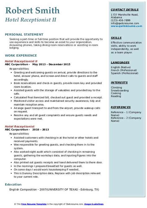 Hotel Receptionist Resume Samples | QwikResume