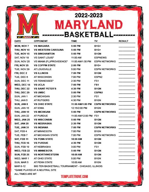 Printable 2022-2023 Maryland Terrapins Basketball Schedule