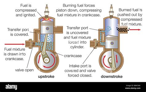 Blower-scavenged, two-stroke-cycle engine with uniflow scavenging, displaying both upstroke and ...