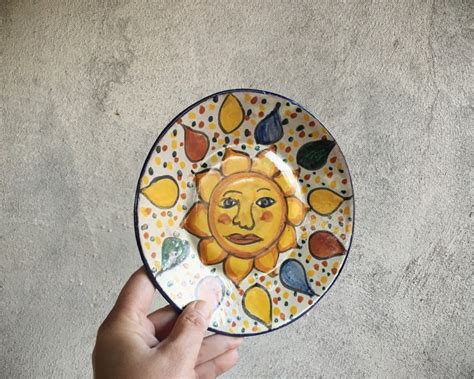 Sun Face Talavera Pottery Small Plate Rustic Decor Mexican Folk Art, Yellow Blue Kitchen Decor