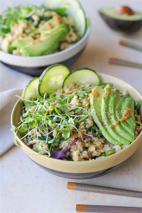 Wasabi Vegetable Bowls with broccolini , spinach, cucumber, avocado, and creamy wasabi sauce ...