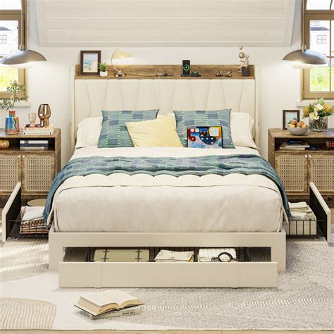 Ivy Bronx Upholstered Bed Frame with 3 Drawers, Bed with Storage Headboard and Charging Station ...