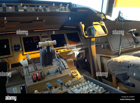 Flight instruments on an instrument panel in a cockpit of Boeing 777 aircraft, showing ...