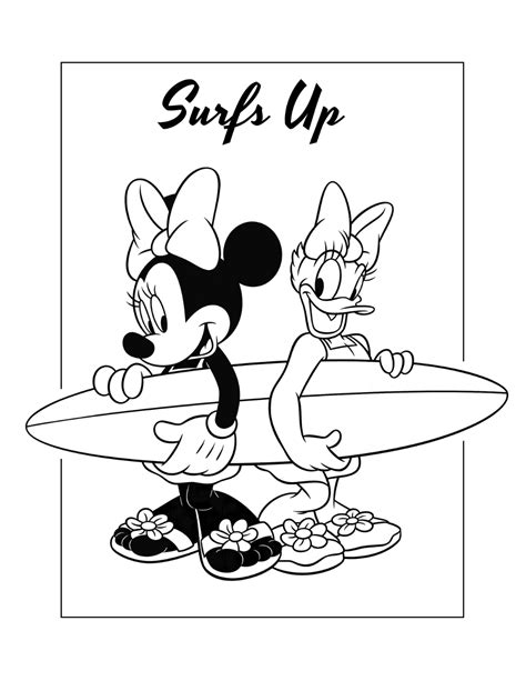 Minnie Mouse And Daisy Duck With Surfboard Coloring Page ⋆ coloring.rocks! | Minnie mouse ...