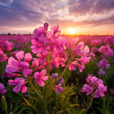 Premium AI Image | green field near a field is filled with pink flowers in the style of macro ...