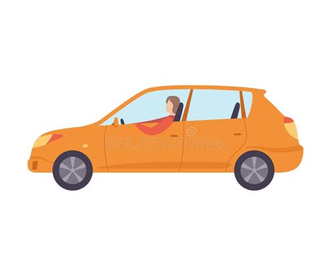 Orange Car with Male Driver, Side View Vector Illustration Stock Vector - Illustration of door ...