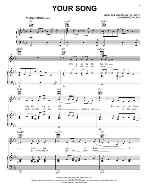 Your Song Sheet Music | Elton John | Piano, Vocal & Guitar (Right-Hand ...