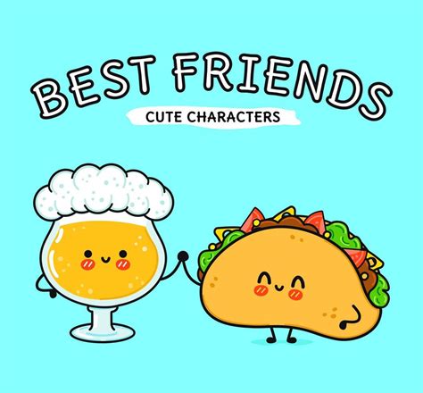 Cute, funny happy glass of beer and taco. Vector hand drawn cartoon ...