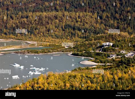 Aerial view of the Mendenhall Glacier Visitor Center, Juneau, Southeast Alaska, Autumn Stock ...