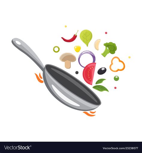 Cooking process flipping food in a pan design Vector Image