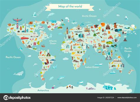 World Travel Map Landmarks Animals Sight Country Vector Illustration ...