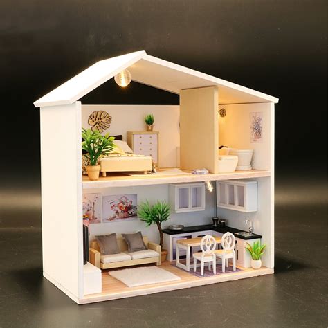 DIY LED Light Miniature Wooden Dollhouse Kit Toy Doll House Model Modern Furniture House Kids ...