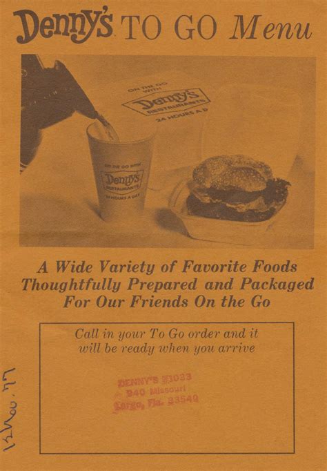 The Slow Decline of the Pie Shops: 1977 Denny's To Go Menu - Largo, Florida