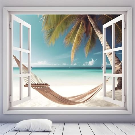 Premium AI Image | A window with a view of a beach and palm trees