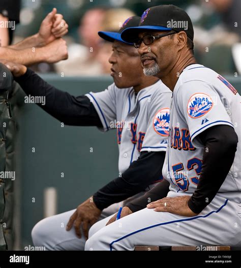 New York Mets interim manager Jerry Manuel (R) sits alongside coach Sandy Alomar before the game ...