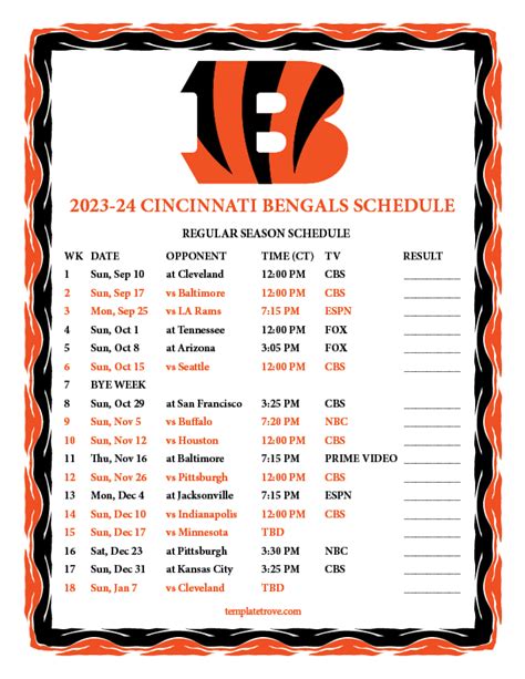 Printable 2023-2024 Cincinnati Bengals Schedule