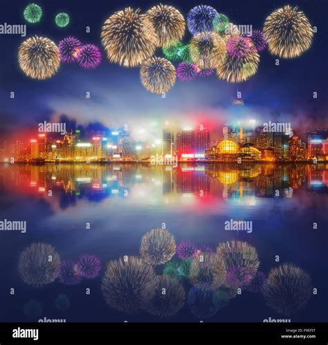 Beautiful fireworks in Hong Kong island, skyline and Financial district ...