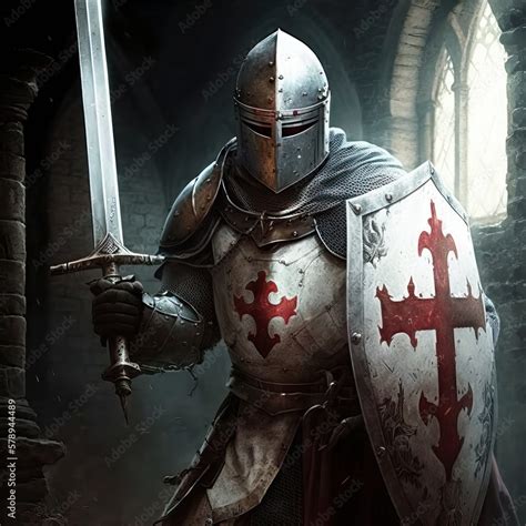 Medieval knight in full armor with the templars cross in the crusade, generative ai Stock ...