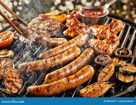 Summer BBQ Or Picnic Food Long Border, Top View Over A White Wood Banner Background Stock ...