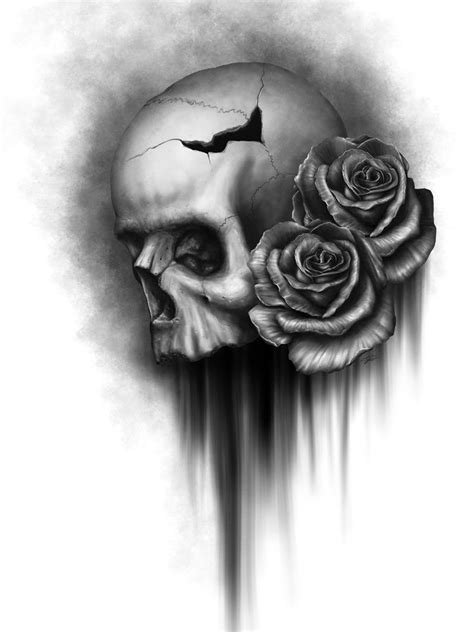 Skull and Rose 2, an art print by Rodger Pister | Skulls drawing, Skull rose tattoos, Skull tattoo