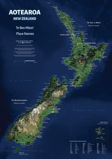 Maori Place Names Satellite Map of Aotearoa/New Zealand : newzealand