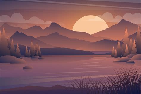 Free Vector | Mountain and lake sunset landscape. Realistic tree in ...