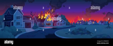 Apocalypse city road with fire building cartoon background. War on broken street with earthquake ...